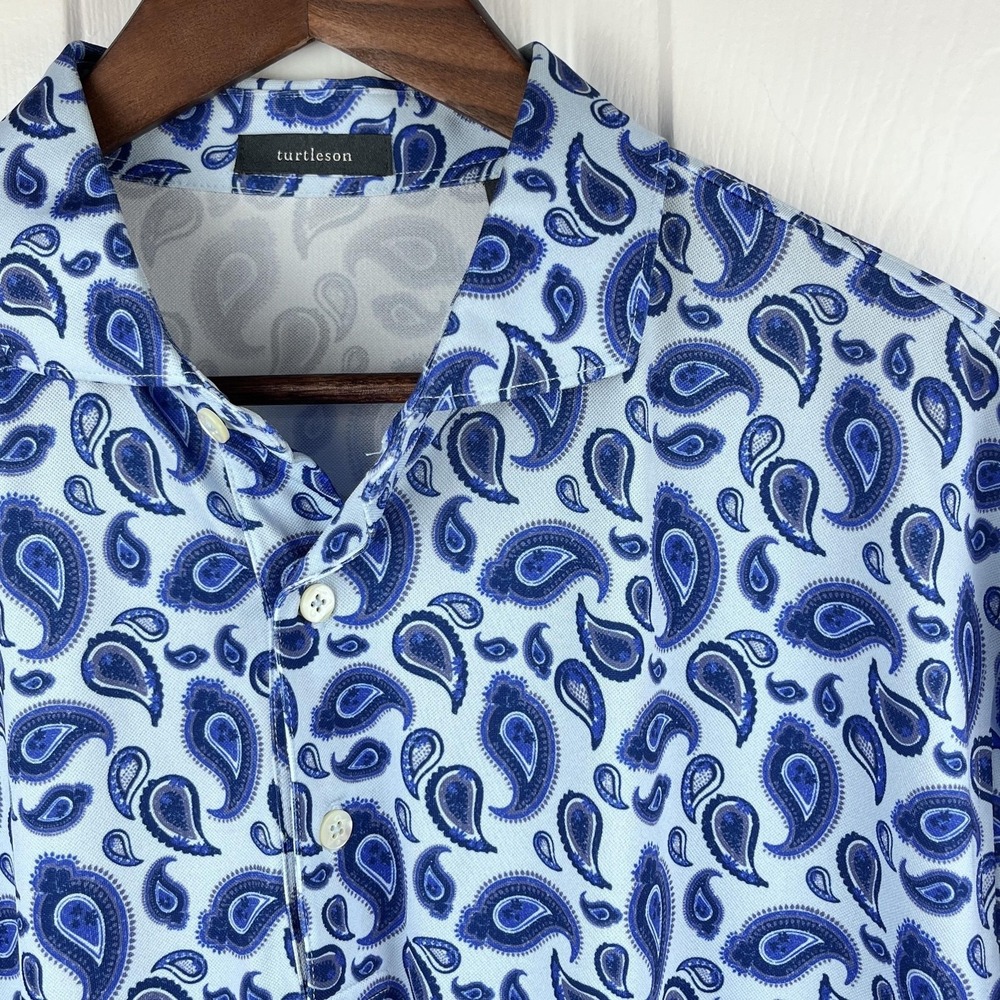 Turtleson Polo Shirt Mens Large Blue Paisley Short Sleeve‎ Stretch Golf Top